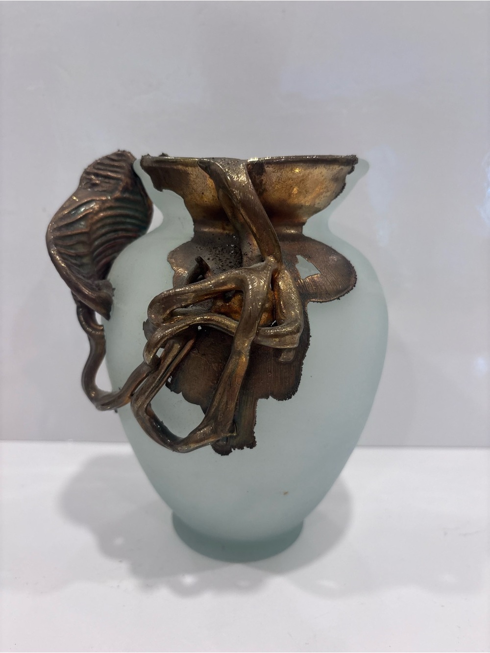 Vintage Art Nouveau Style Frosted Glass Vase with Bronze Overlay